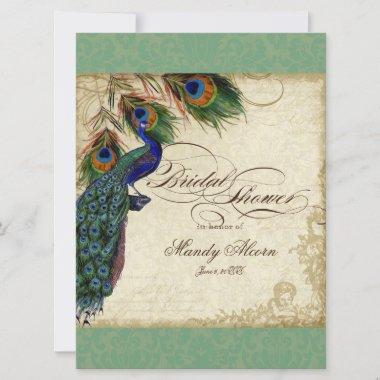 Peacock & Feathers Bridal Shower Invite Green