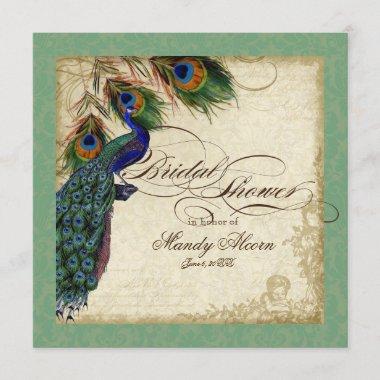 Peacock & Feathers Bridal Shower Invite Green Tan