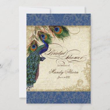 Peacock & Feathers Bridal Shower Invite Navy Blue