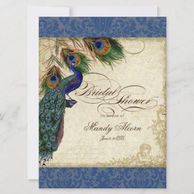 Peacock & Feathers Bridal Shower Invite Navy Blue