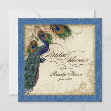 Peacock & Feathers Bridal Shower Invite Royal Blue