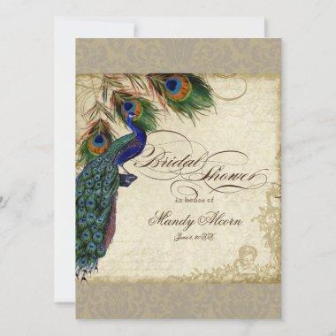 Peacock & Feathers Bridal Shower Invite Taupe Tan