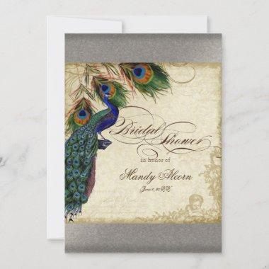Peacock & Feathers Bridal Shower Silver Metallic Invitations