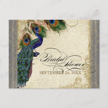 Peacock & Feathers Formal Bridal Shower Silver Invitation PostInvitations