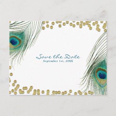 Peacock Feathers & Gold Boho Glam Save the Date Announcement PostInvitations