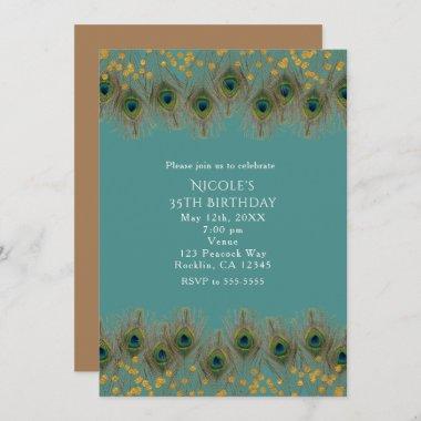 Peacock Feathers & Gold Dots ANY COLOR Invitations