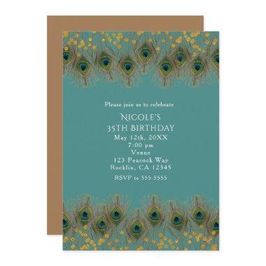 Peacock Feathers & Gold Dots ANY COLOR Invitations