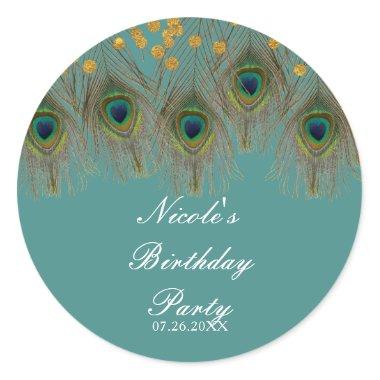 Peacock Feathers & Gold Dots ANY COLOR Party Favor Classic Round Sticker