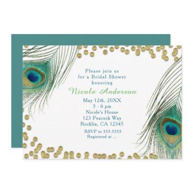 Peacock Feathers & Gold Dots Boho Glam Invitations