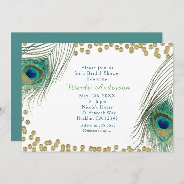 Peacock Feathers & Gold Dots Boho Glam Invitations