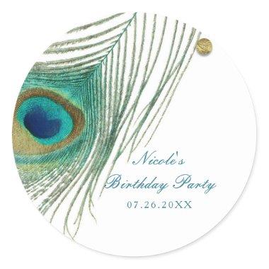 Peacock Feathers & Gold Dots Boho Glam Party Classic Round Sticker