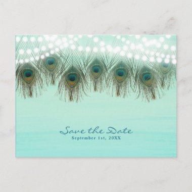 Peacock Feathers & Lights Rustic Save the Date Announcement PostInvitations