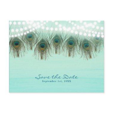 Peacock Feathers & Lights Rustic Save the Date Announcement PostInvitations