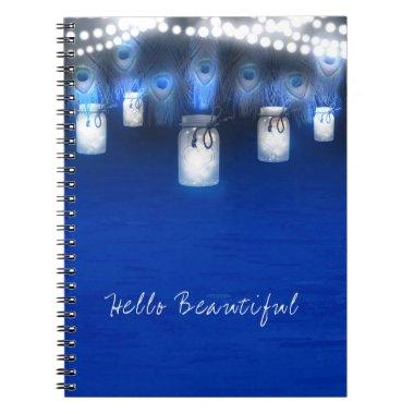 Peacock Feathers, Mason Jar & String Lights Rustic Notebook