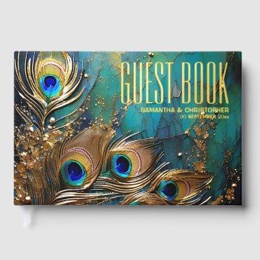 Peacock feathers plume gold foil scatter marbled foil guest book