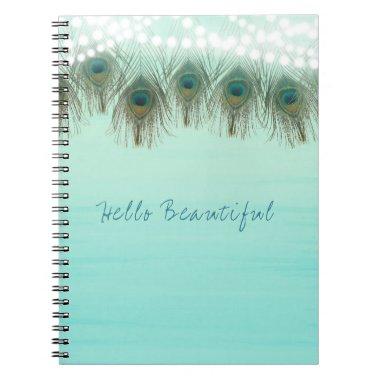 Peacock Feathers & String Lights Rustic Elegant Notebook