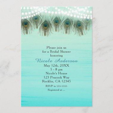Peacock Feathers & String Lights Rustic Invitations