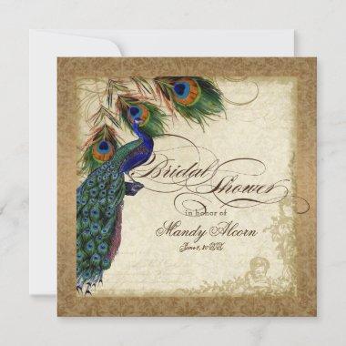 Peacock & Feathers Vintage Gold Damask Scrollwork Invitations