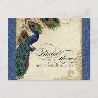 Peacock Feathers Vintage Navy Blue Bridal Shower Invitation PostInvitations
