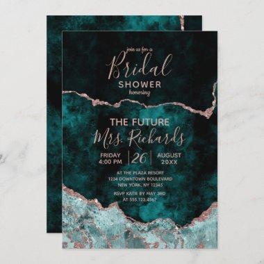 Peacock Green & Rose Gold Agate Bridal Shower Invitations