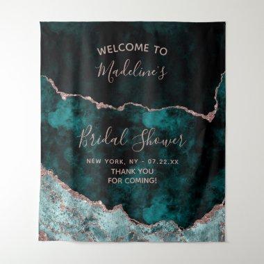 Peacock & Rose Gold Agate Bridal Shower Welcome Tapestry