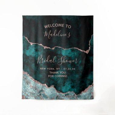 Peacock & Rose Gold Agate Bridal Shower Welcome Tapestry