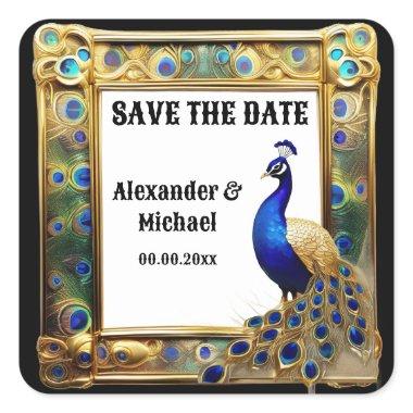 Peacock save the date art nouveau feathers square sticker
