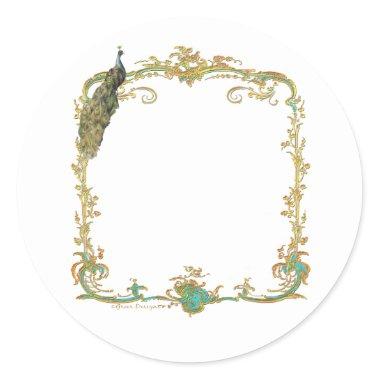 Peacock with Gold Frame Ornate Art Print Classic Round Sticker