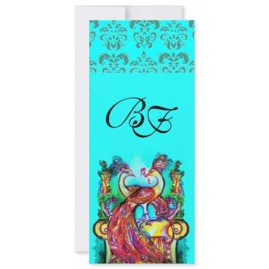 PEACOCKS IN LOVE AQUA BLUE TEAL DAMASK MONOGRAM Invitations