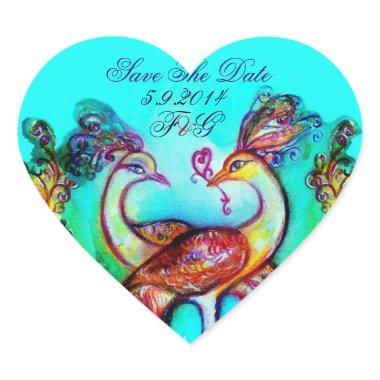 PEACOCKS IN LOVE HEART MONOGRAM Save the Date Heart Sticker