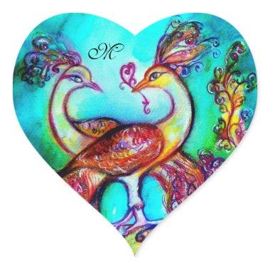 PEACOCKS IN LOVE HEART MONOGRAM Valentine's Day Heart Sticker