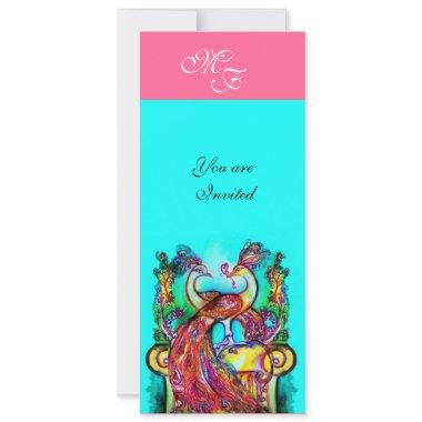 PEACOCKS IN LOVE MONOGRAM pink teal blue green Invitations