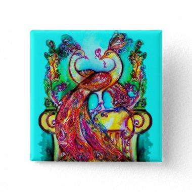 PEACOCKS IN LOVE MONOGRAM red blue turquase green Button
