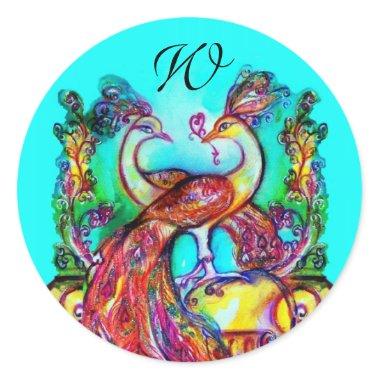 PEACOCKS IN LOVE MONOGRAM red blue turquase green Classic Round Sticker