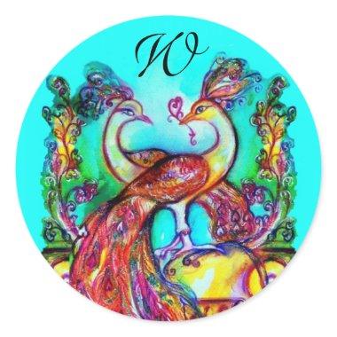 PEACOCKS IN LOVE MONOGRAM red blue turquase green Classic Round Sticker