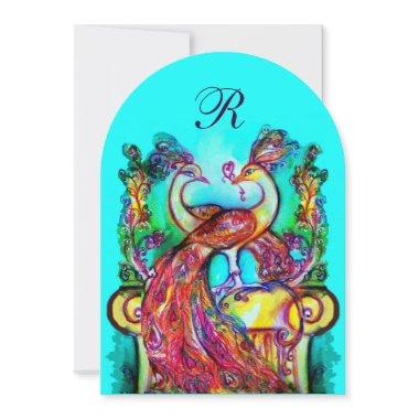PEACOCKS IN LOVE MONOGRAM red blue turquase green