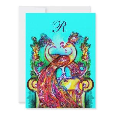 PEACOCKS IN LOVE MONOGRAM red blue turquase green Invitations