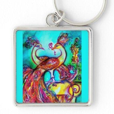 PEACOCKS IN LOVE MONOGRAM red blue turquase green Keychain