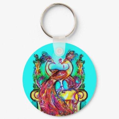 PEACOCKS IN LOVE MONOGRAM red blue turquase green Keychain