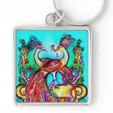 PEACOCKS IN LOVE MONOGRAM red blue turquase green Keychain