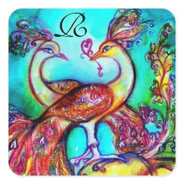 PEACOCKS IN LOVE MONOGRAM red blue turquase green Square Sticker