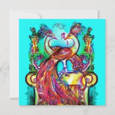 PEACOCKS IN LOVE MONOGRAM Red Blue Turquoise Green Announcement