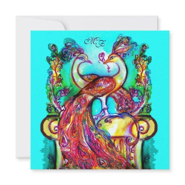 PEACOCKS IN LOVE MONOGRAM Red Blue Turquoise Green Announcement