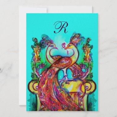 PEACOCKS IN LOVE MONOGRAM red teal blue green gold Invitations