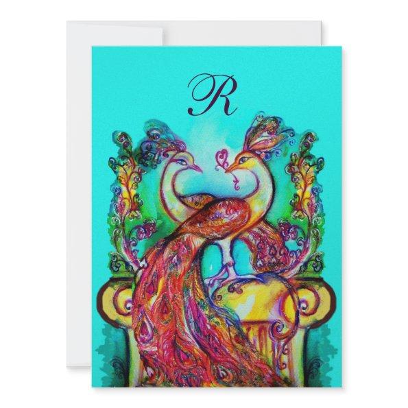 PEACOCKS IN LOVE MONOGRAM red teal blue green gold Invitations