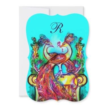 PEACOCKS IN LOVE MONOGRAM Red Teal Blue Green Invitations