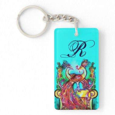 PEACOCKS IN LOVE MONOGRAM red teal blue green Keychain