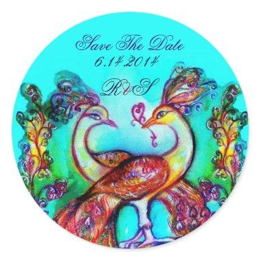 PEACOCKS IN LOVE MONOGRAM Save the Date Classic Round Sticker