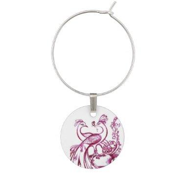PEACOCKS IN LOVE Pink Purple White Wedding Party Wine Charm