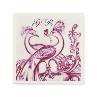 PEACOCKS IN LOVE Purple White Wedding Monogram Napkins